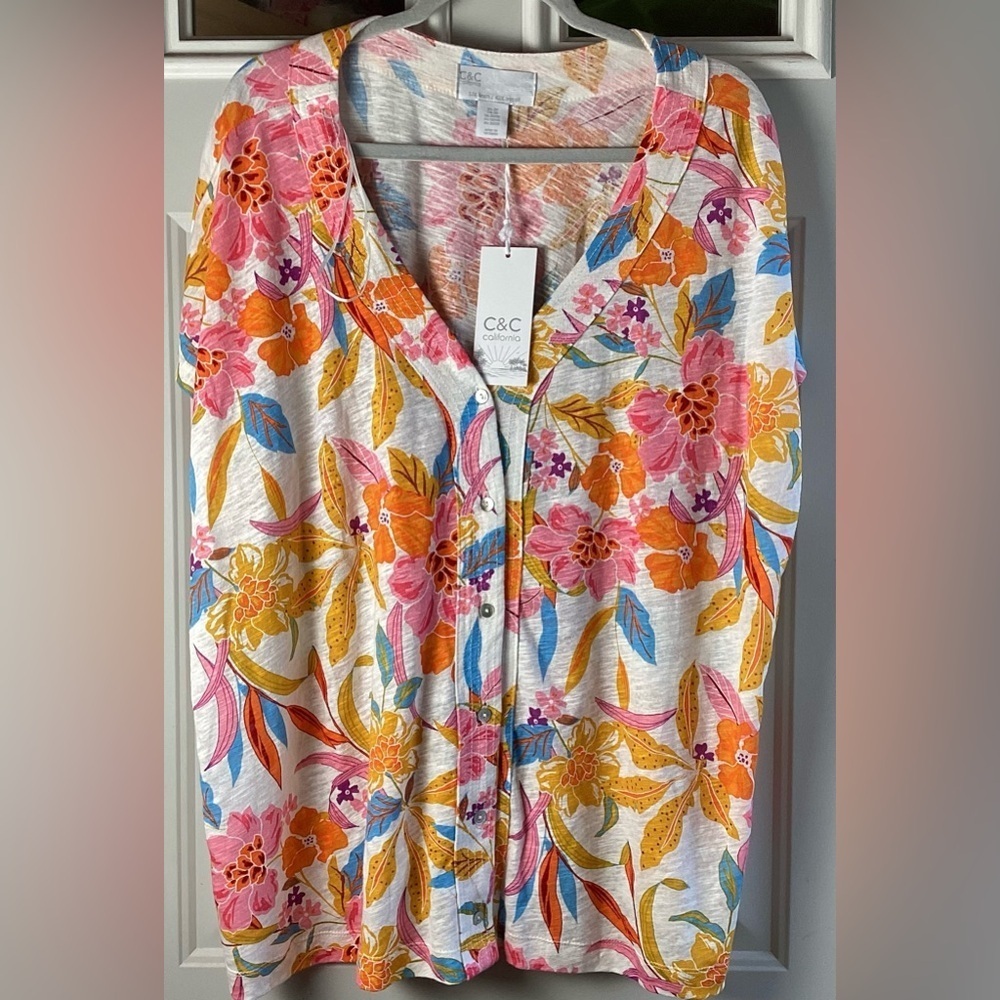 C&C California Women's Floral Button-Up Blouse - Pink, Orange, Blue